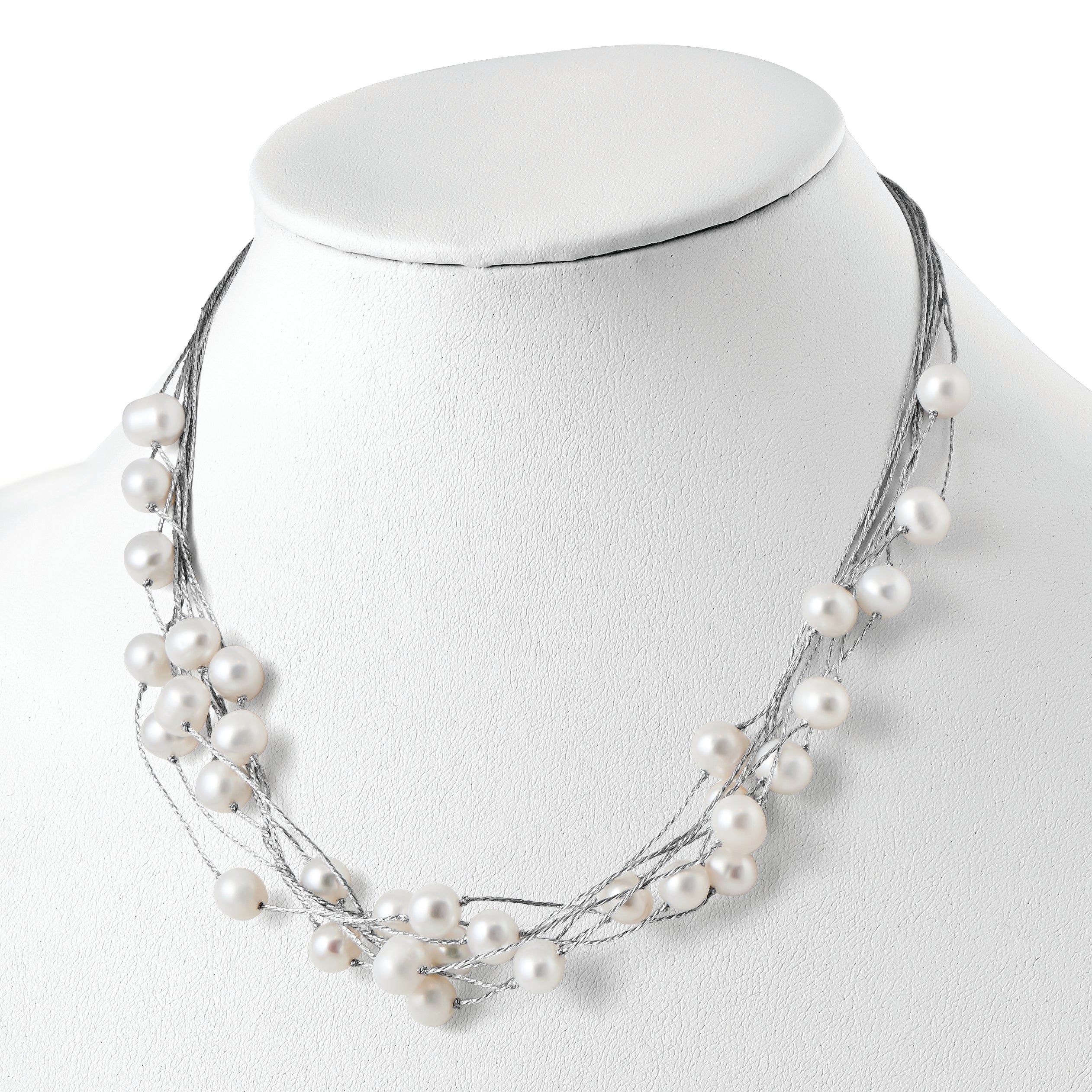 Sterling Silver Rhodium-plated 8-10mm White Semi-Round Freshwater Cultured Pearl Multi Strand 18 inch Necklace