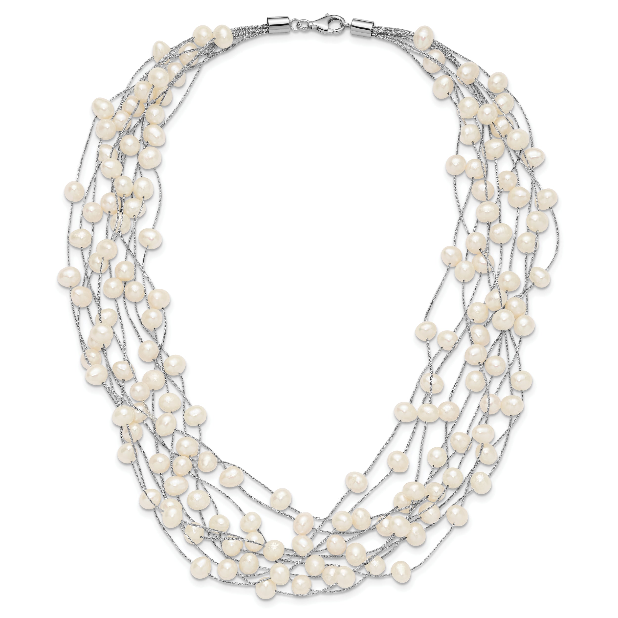 Sterling Silver Rhodium-plated 6-8mm White Semi-Round Freshwater Cultured Pearl Multi Strand 15 inch Necklace