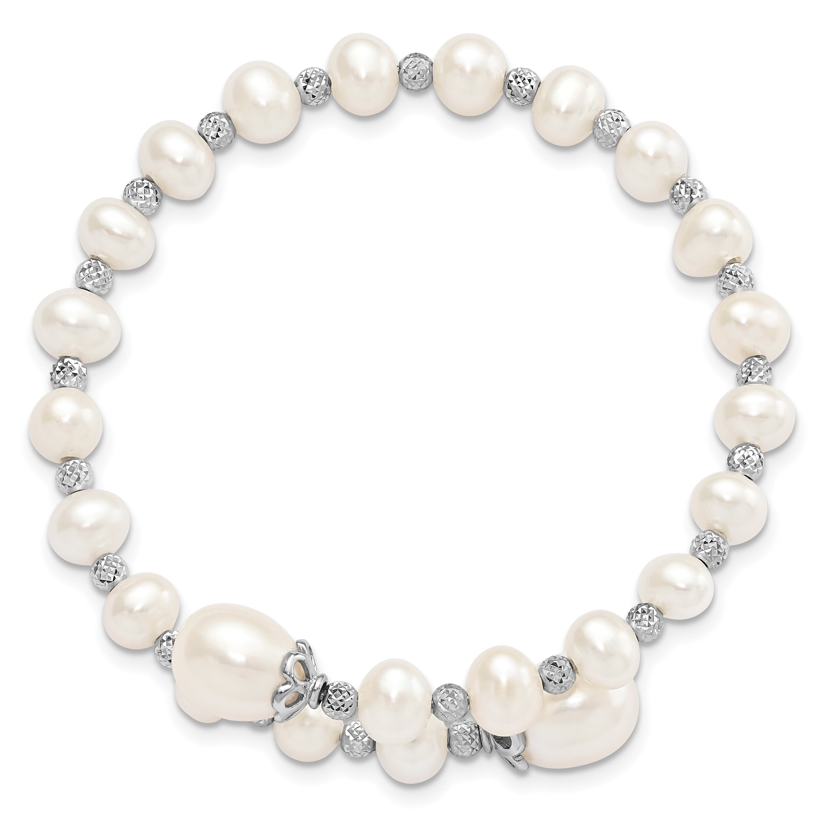 Sterling Silver Rhodium-plated 6-9mm White Teardrop and Near-Round Freshwater Cultured Pearl with Diamond-cut Beaded Wrap Flexible Bangle