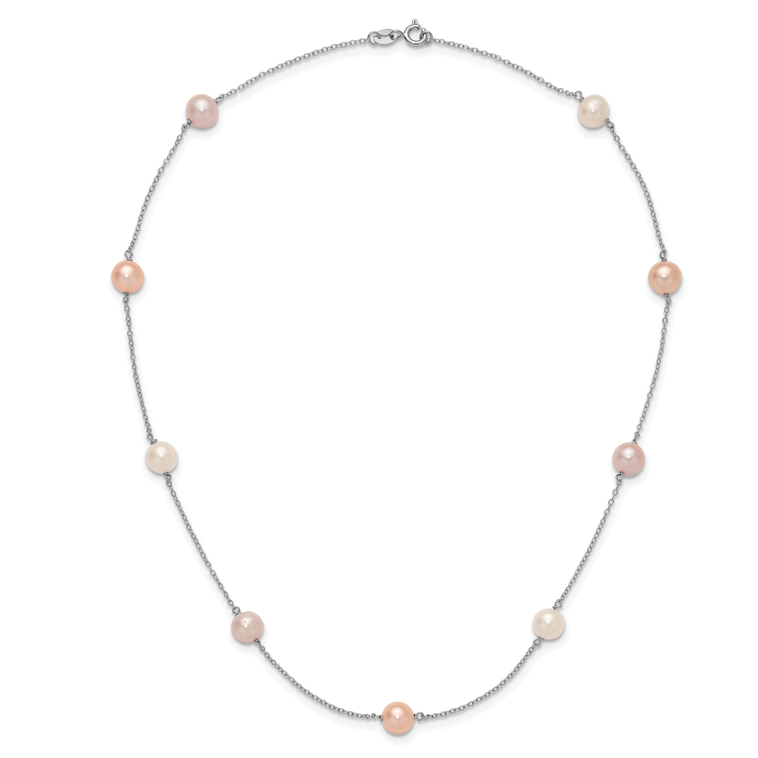 Sterling Silver Rhodium-plated 7-8mm White, Pink and Purple Near-Round Freshwater Cultured Pearl 9-Station 18 inch Necklace