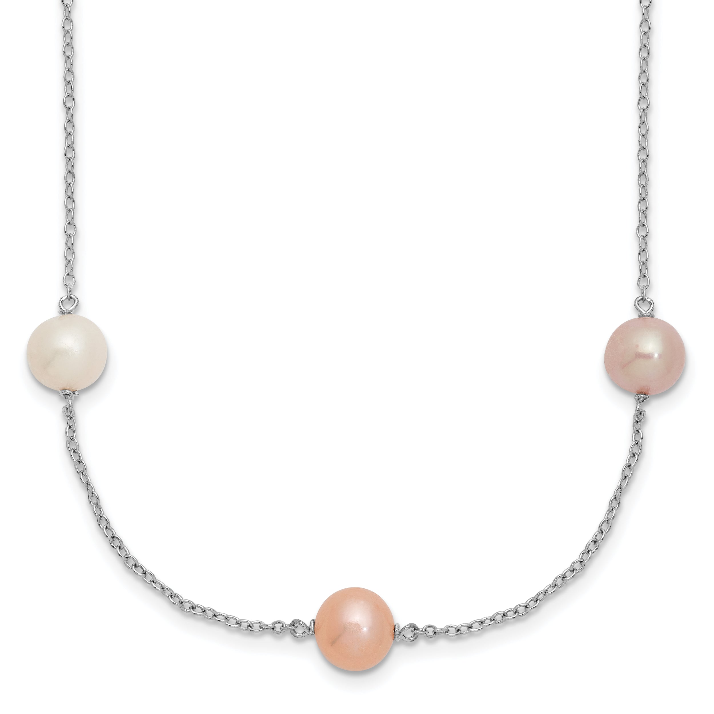 Sterling Silver Rhodium-plated 7-8mm White, Pink and Purple Near-Round Freshwater Cultured Pearl 9-Station 18 inch Necklace