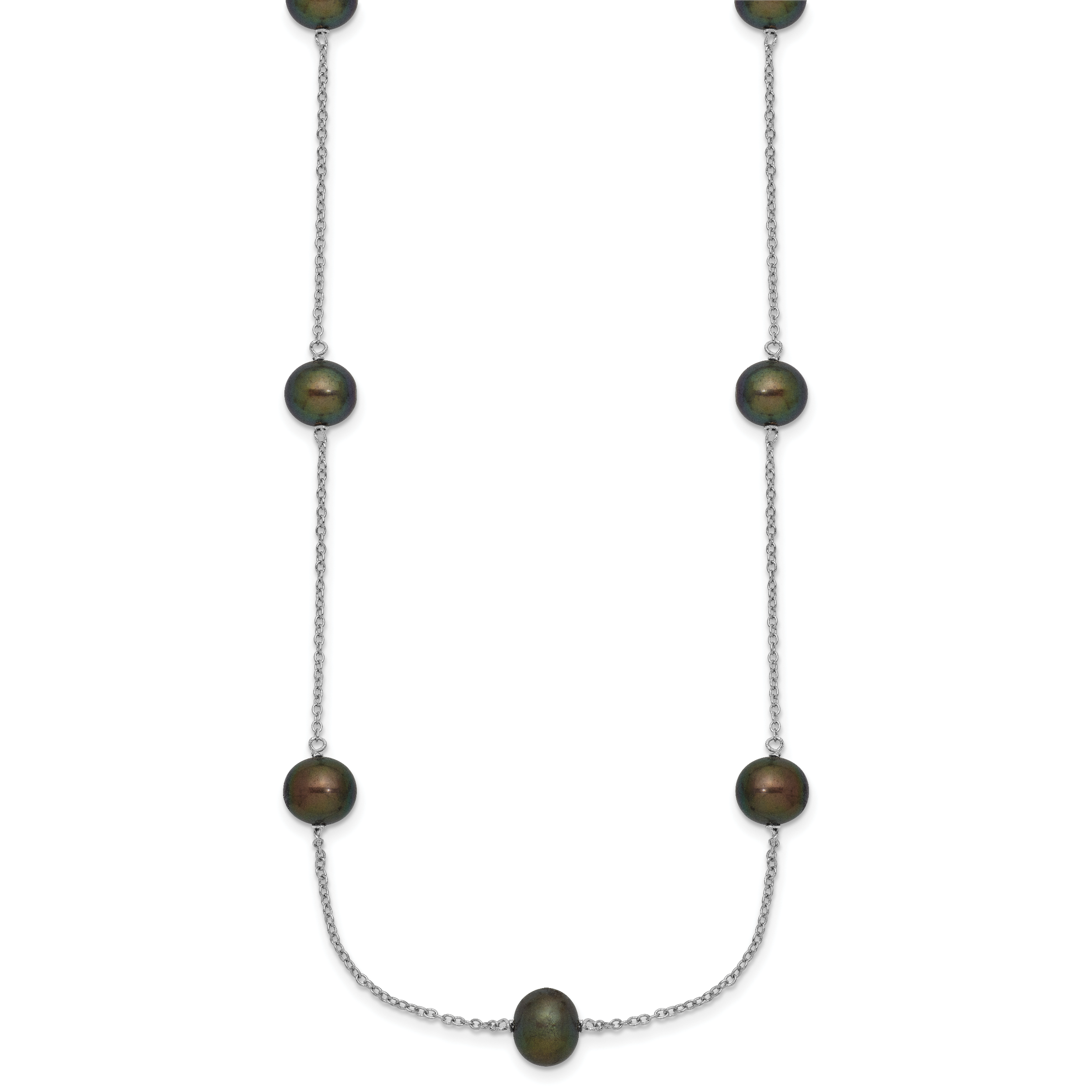 Sterling Silver Rhodium-plated 7-8mm Black Semi-Round Freshwater Cultured Pearl 9-Station 18 inch Necklace