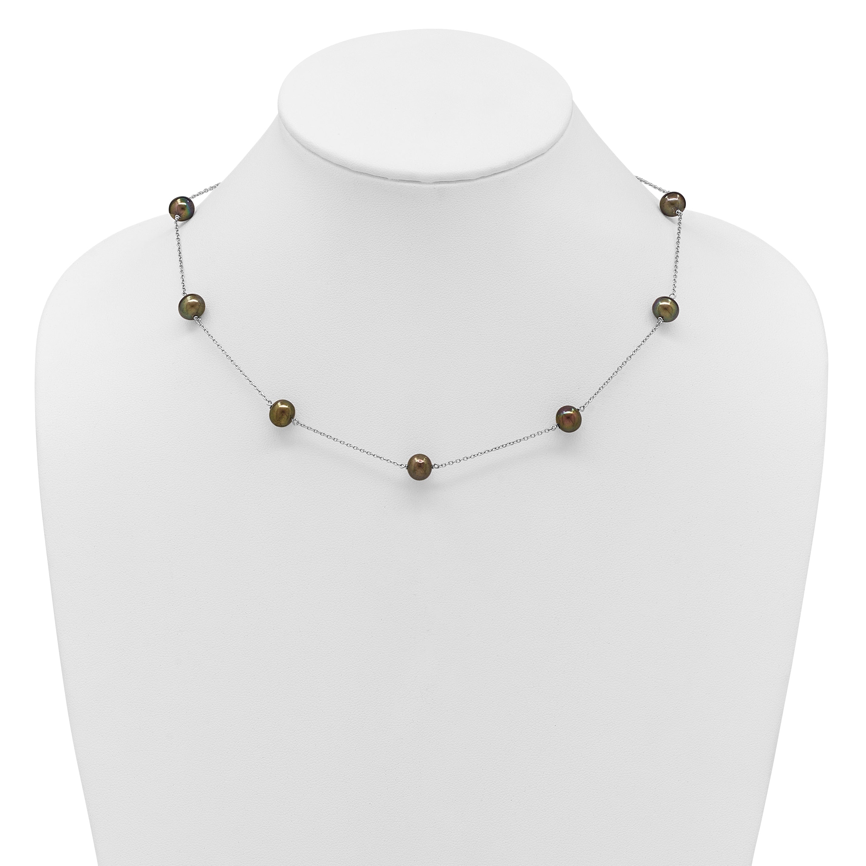 Sterling Silver Rhodium-plated 7-8mm Black Semi-Round Freshwater Cultured Pearl 9-Station 18 inch Necklace