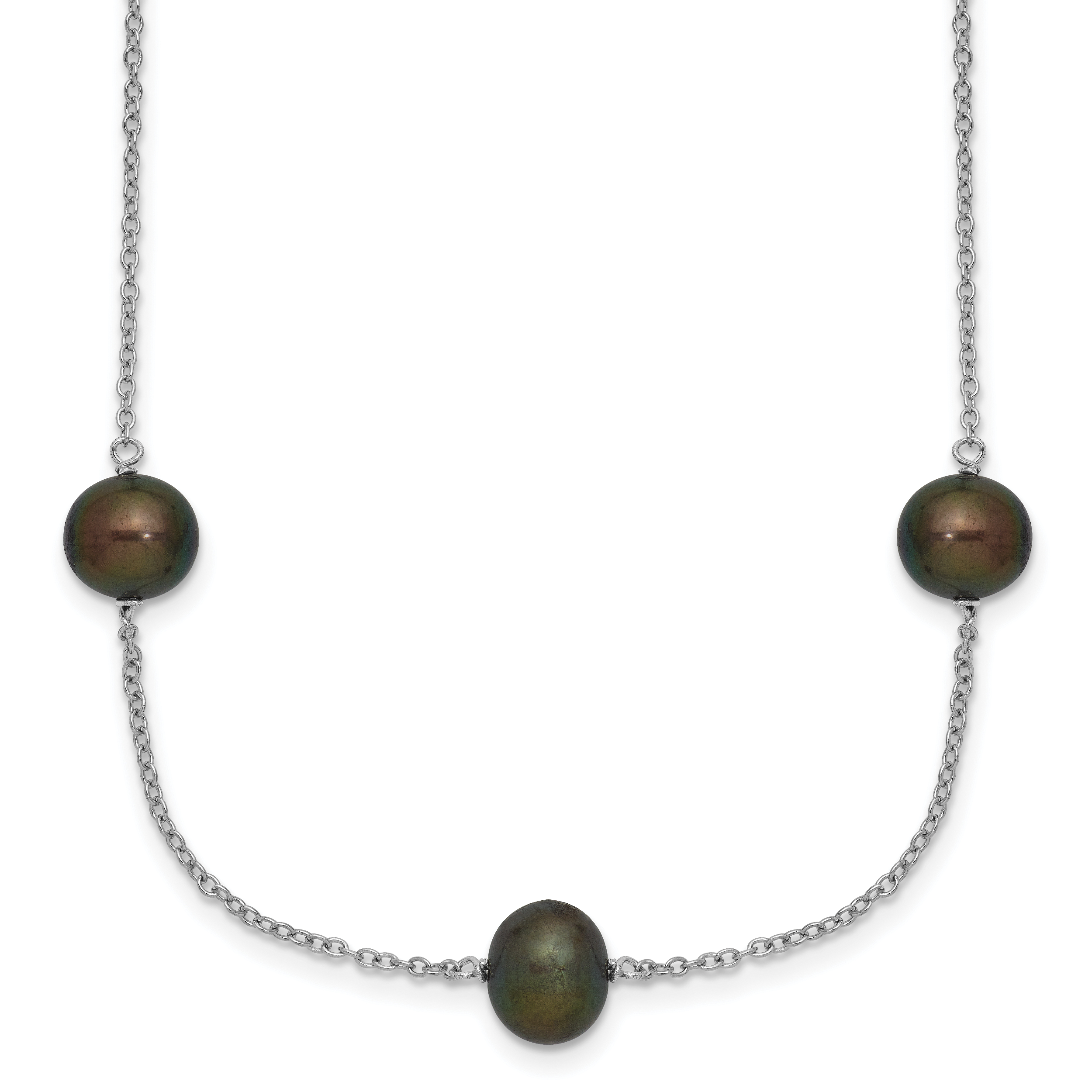 Sterling Silver Rhodium-plated 7-8mm Black Semi-Round Freshwater Cultured Pearl 9-Station 18 inch Necklace