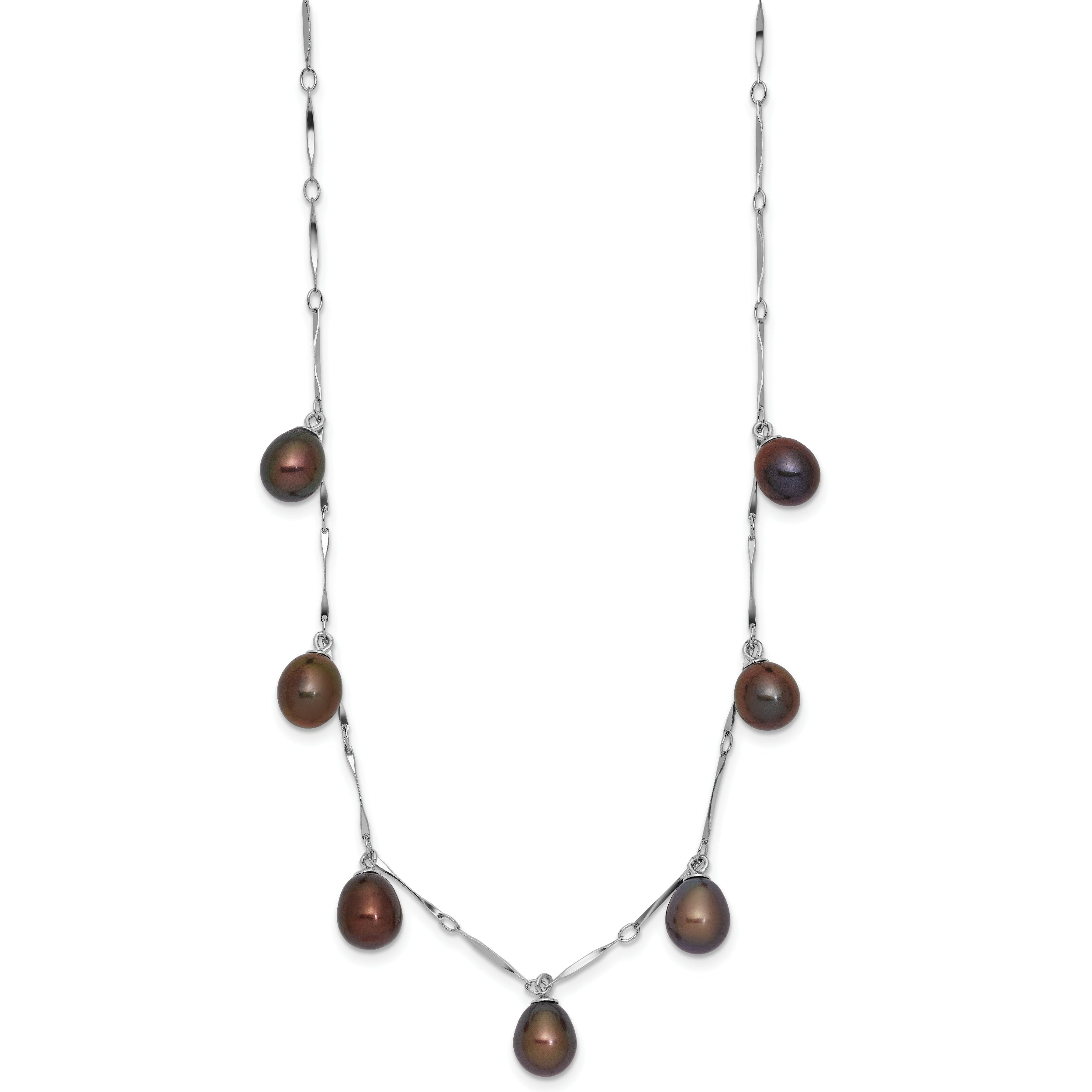 Sterling Silver Rhodium-plated 7-8mm Black Teardrop Freshwater Cultured Pearl Dangle 7-Station 17.5 inch Necklace