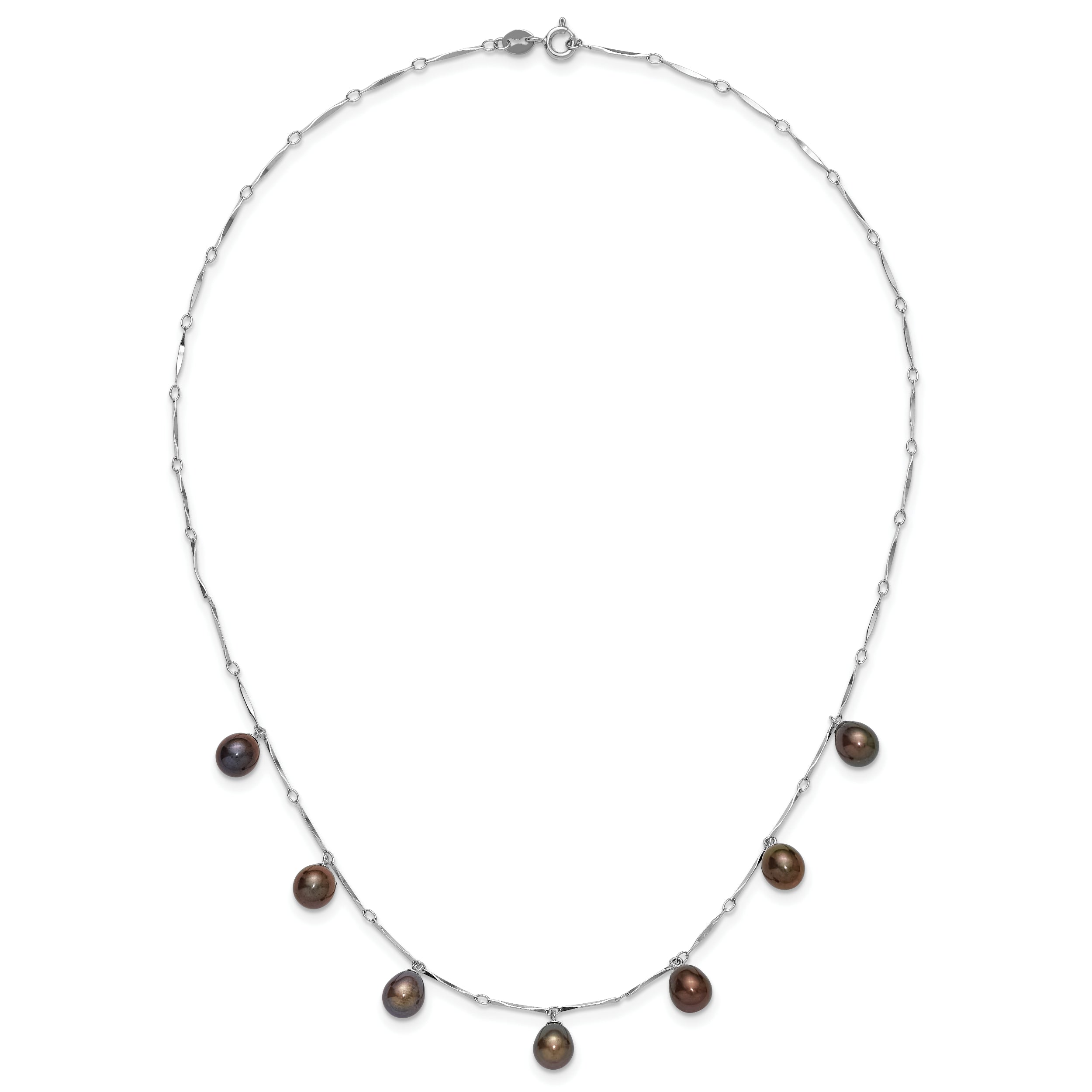 Sterling Silver Rhodium-plated 7-8mm Black Teardrop Freshwater Cultured Pearl Dangle 7-Station 17.5 inch Necklace