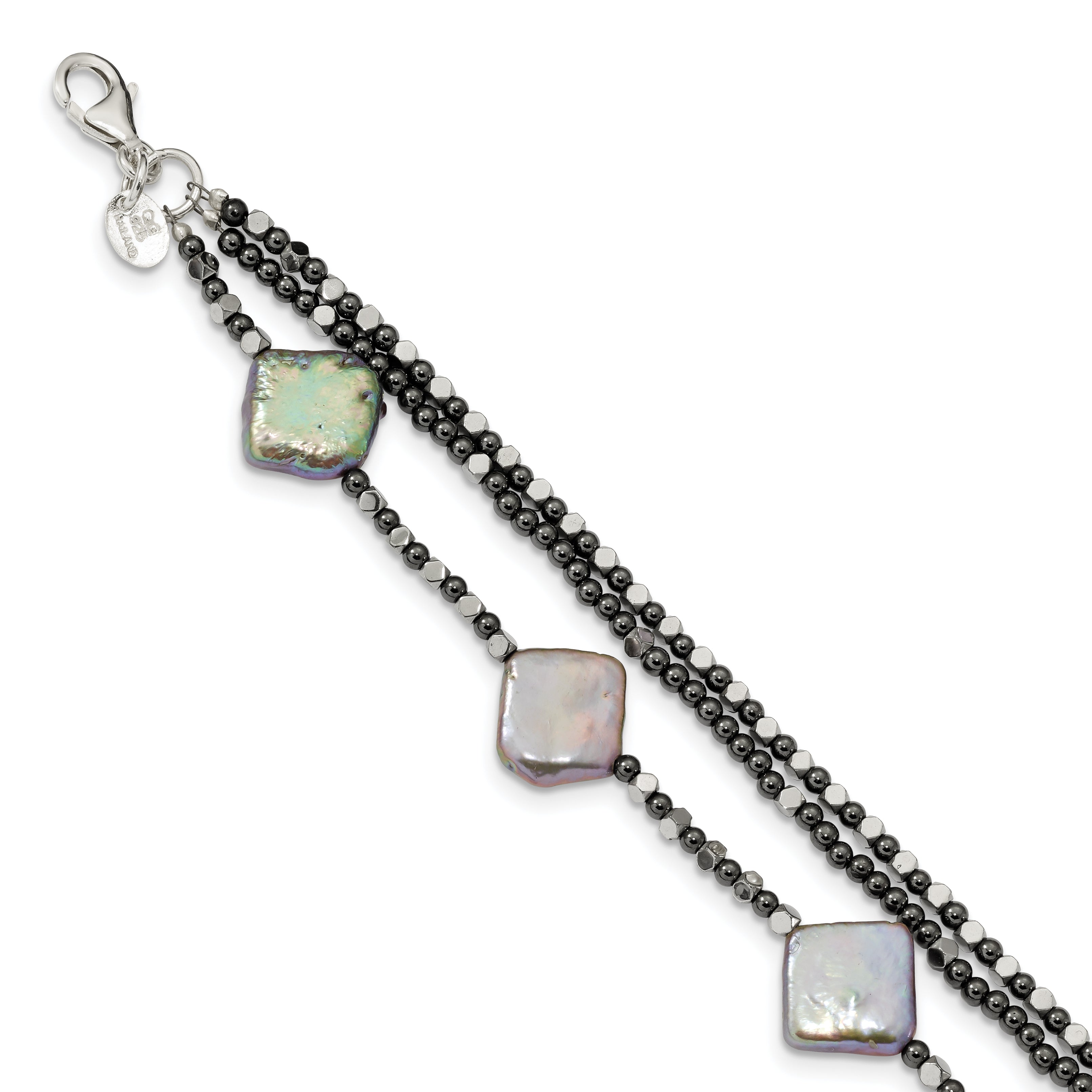Sterling Silver Hematite & FW Cult. Pearl 3-Strand w1in Ext. Fancy Bracelet