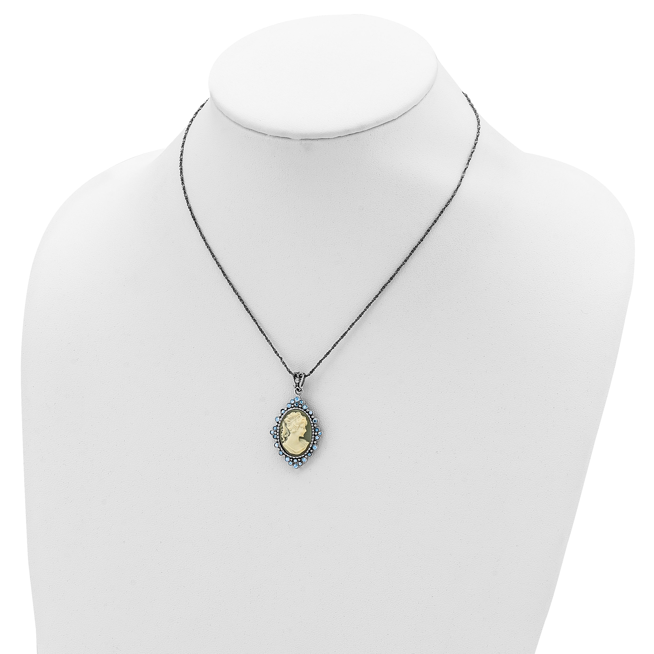 Sterling Silver Antiqued with Crystal Resin Cameo 16 inch Necklace