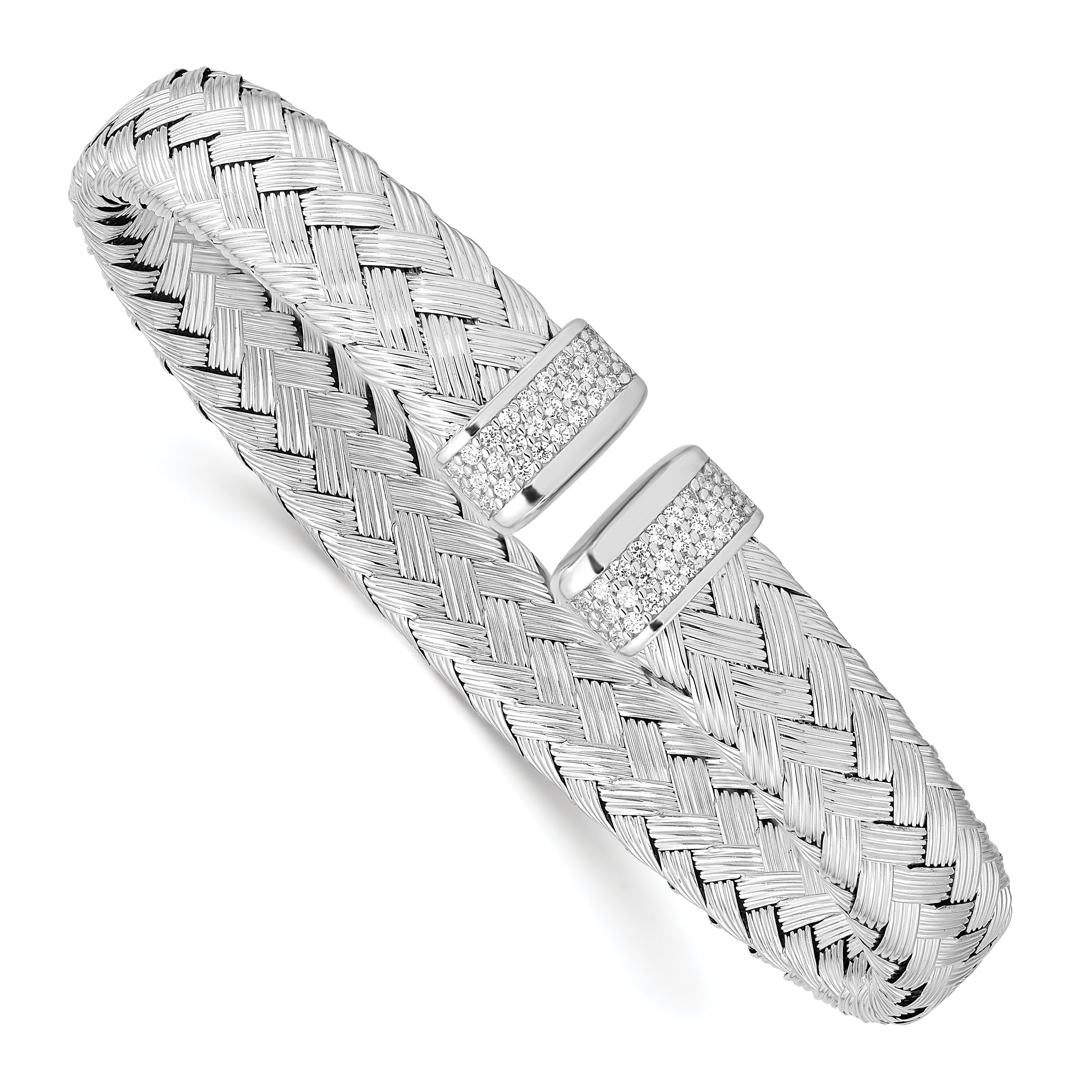 Sterling Silver RH-plated CZ Woven Flexible Cuff