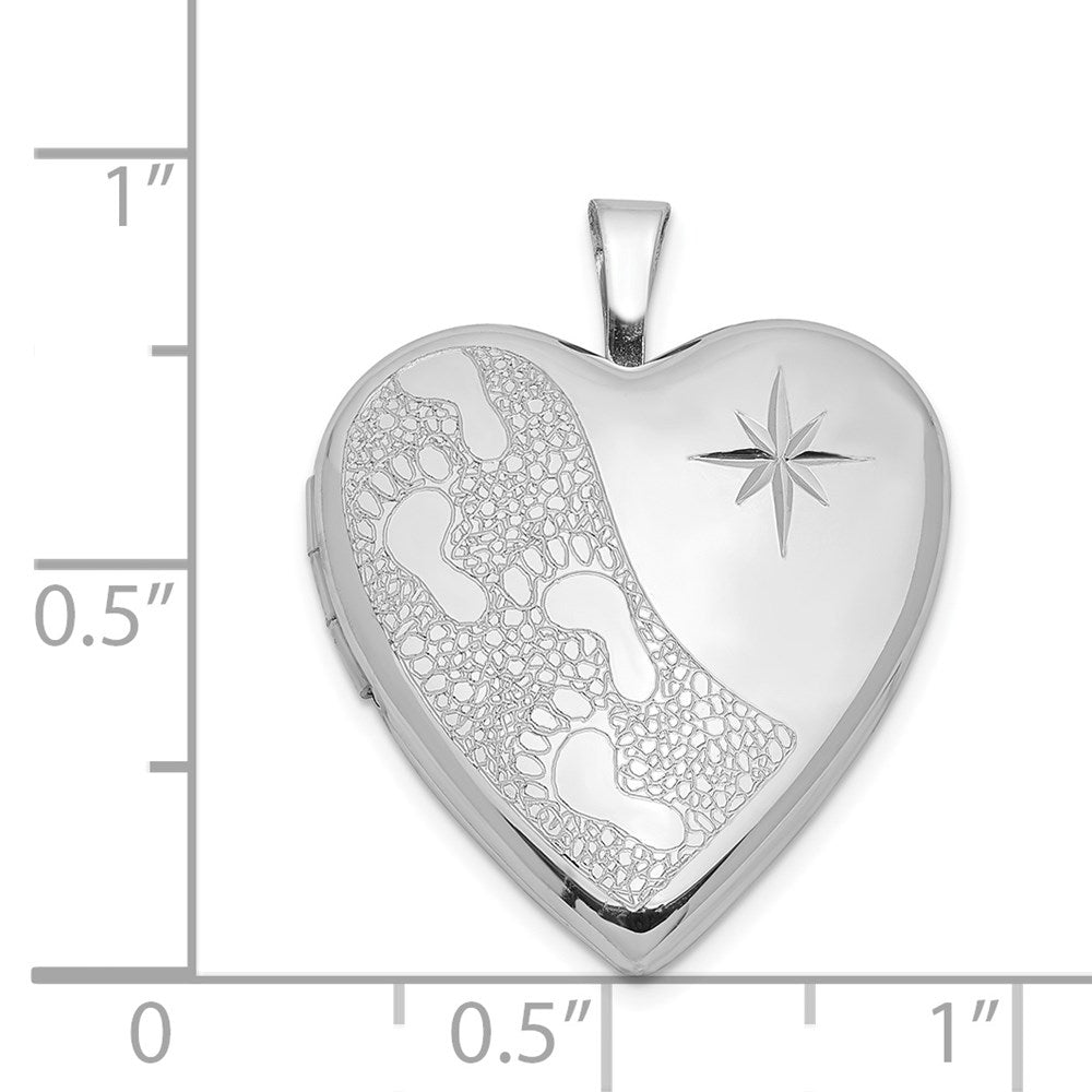Sterling Silver Rhodium-plated 20mm D/C Footprints Heart Locket