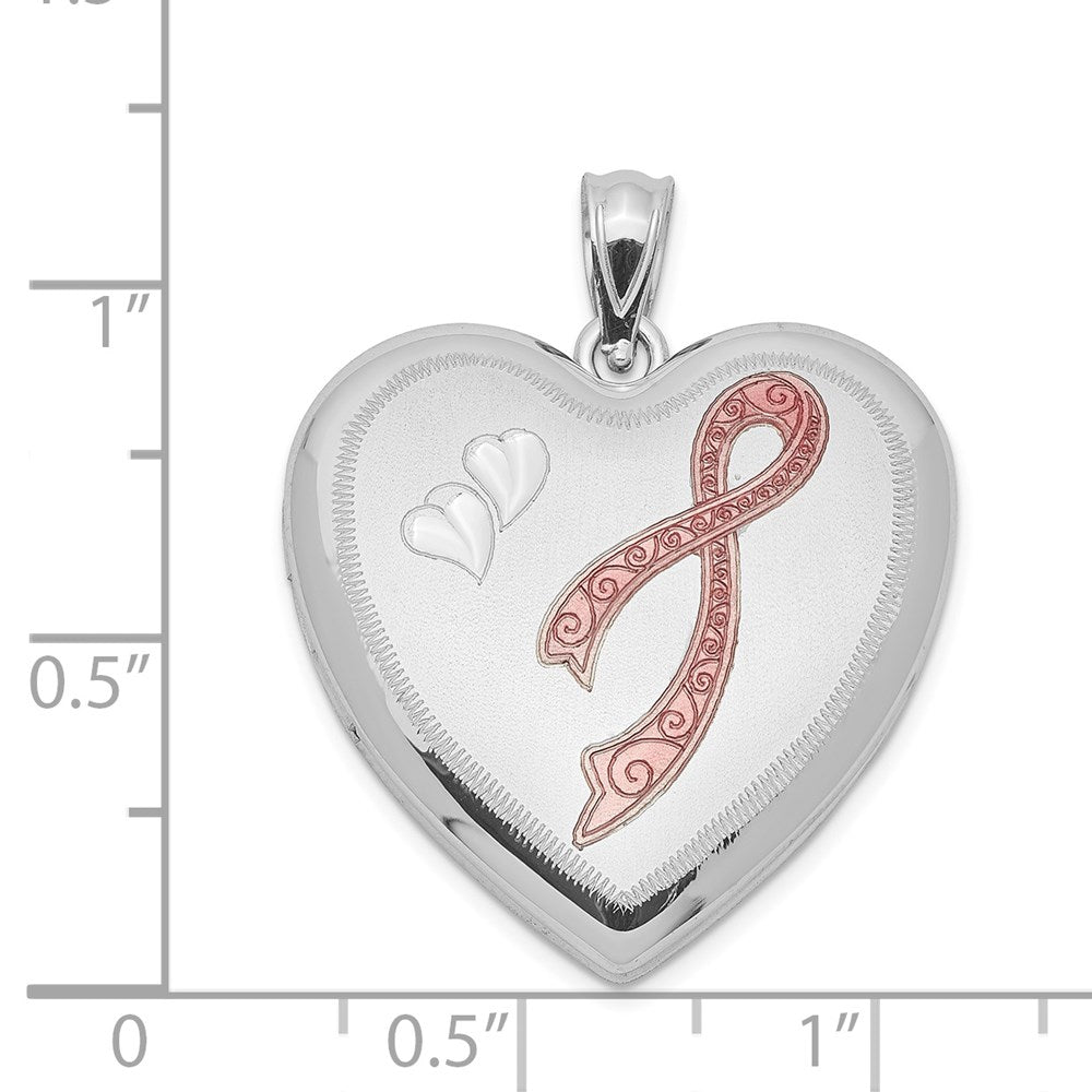 Sterling Silver Rhodium-plated 24mm Enameled D/C Pink Ribbon Heart Locket