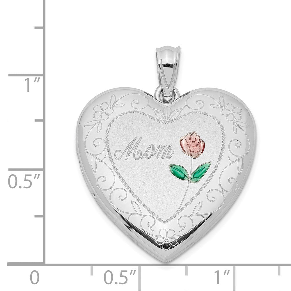 Sterling Silver Rhodium-plated 24mm Enameled D/C Mom Heart Locket
