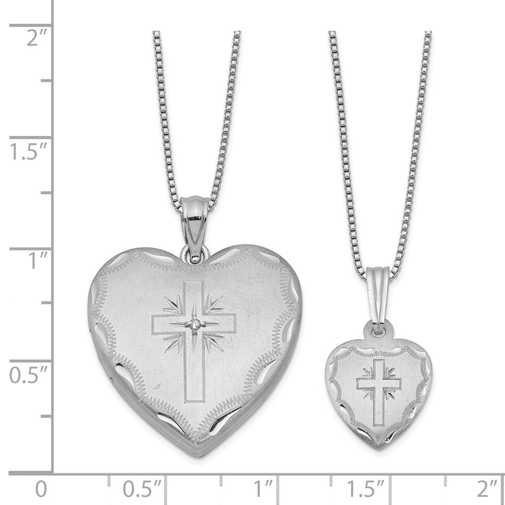 Sterling Silver Rhodium-plated Satin D/C 18in Diamond Cross Heart Locket Necklace & 14in Cross Heart Pendant Necklace Set