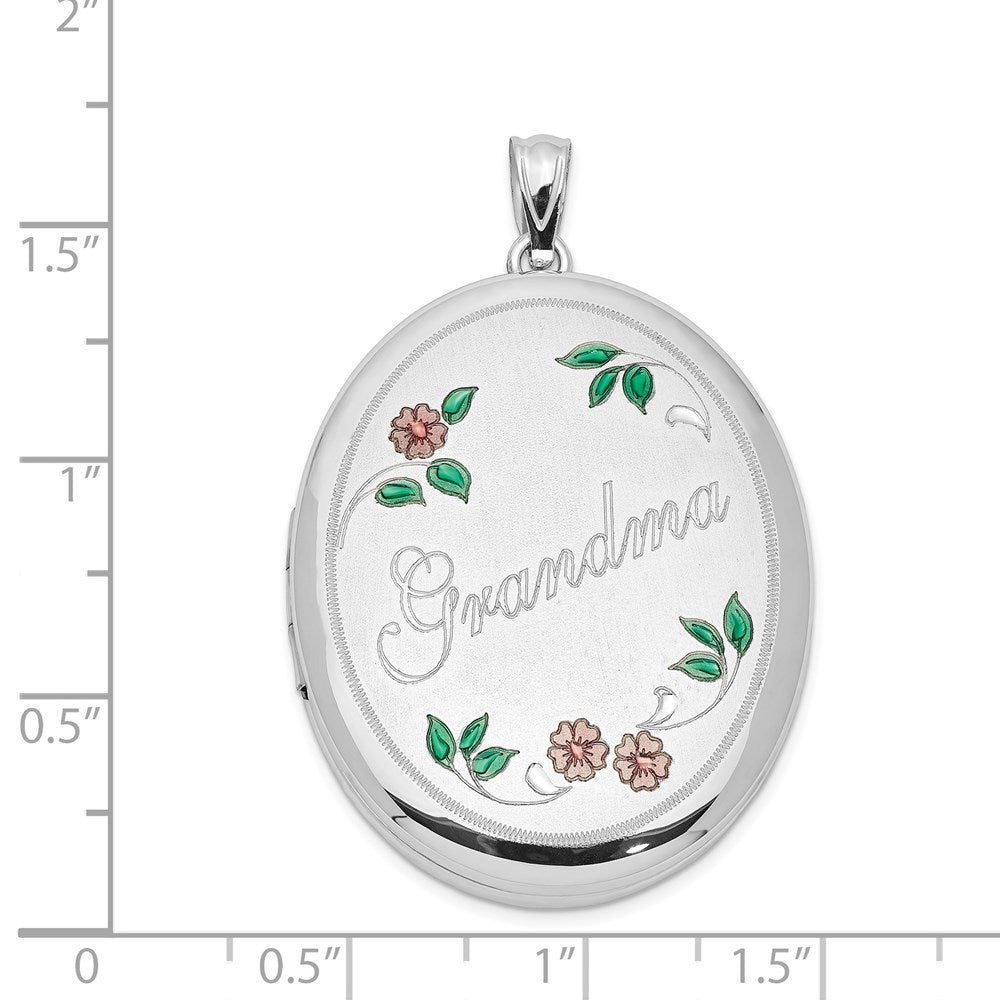 Sterling Silver Rhod-plated Enameled Floral Grandma 34mm Oval Locket