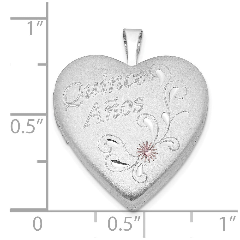 Sterling Silver Satin & Diamond-cut Enameled Quince Anos Heart Locket