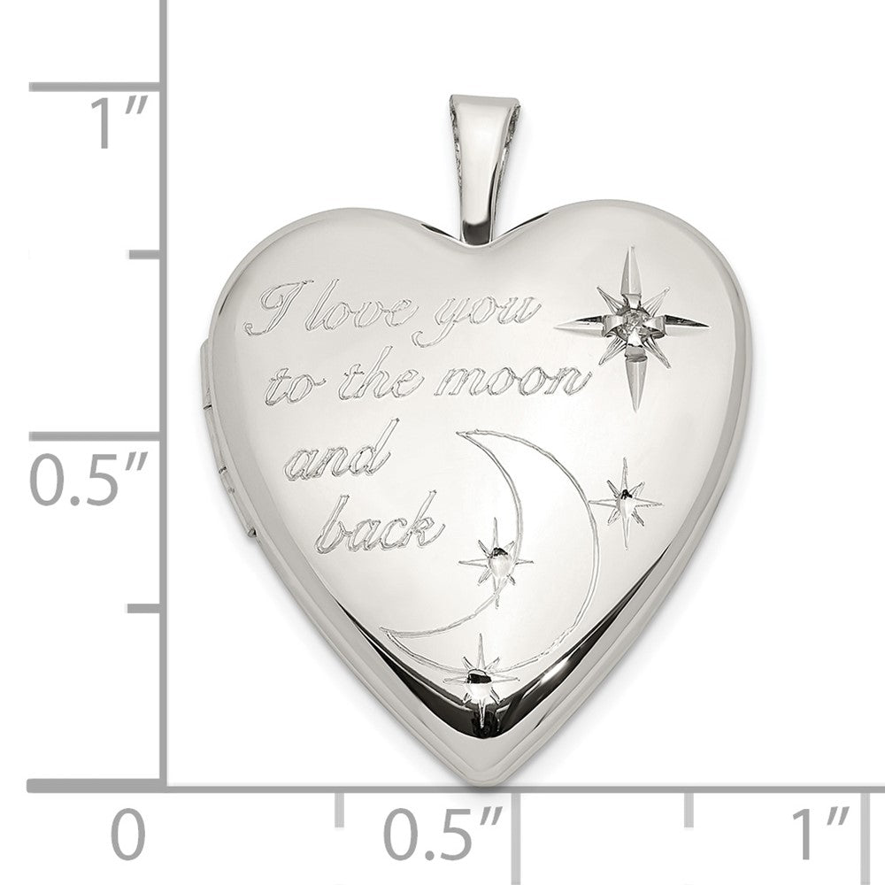 Sterling Silver Rhod-pltd 20mm LOVE TO THE MOON Diamond Heart Locket