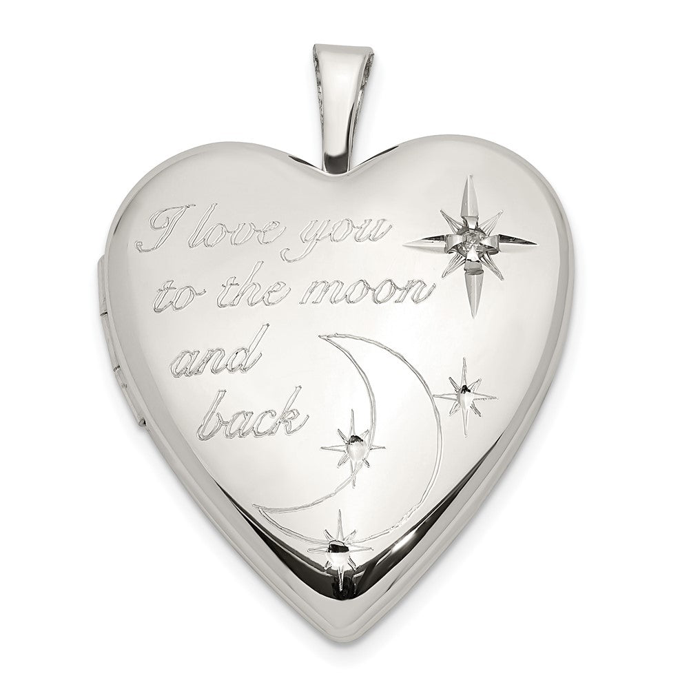 Sterling Silver Rhod-pltd 20mm LOVE TO THE MOON Diamond Heart Locket