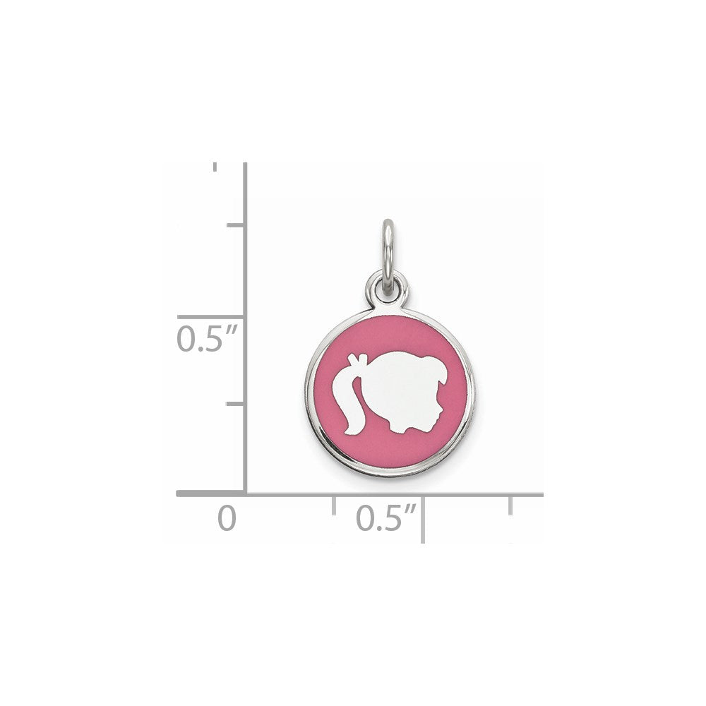 Sterling Silver Rhod-plate Pink Enamel Right Facing Girl Head Disc Charm