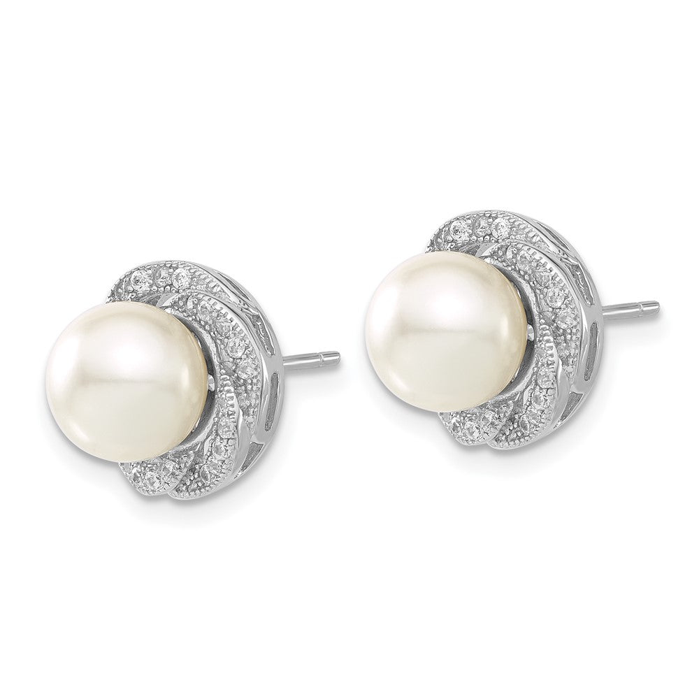 Sterling Silver Majestik 8-9mm White Shell Bead & CZ Post Earrings