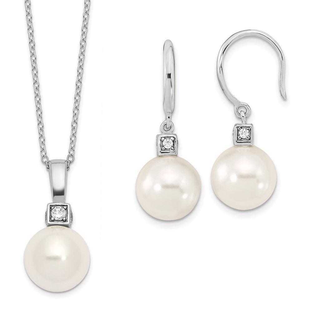 Majestik Sterling Silver Rhodium-plated 10-11mm White Imitation Shell Pearl and CZ Earrings and Spring Ring Clasp 17 inch ...