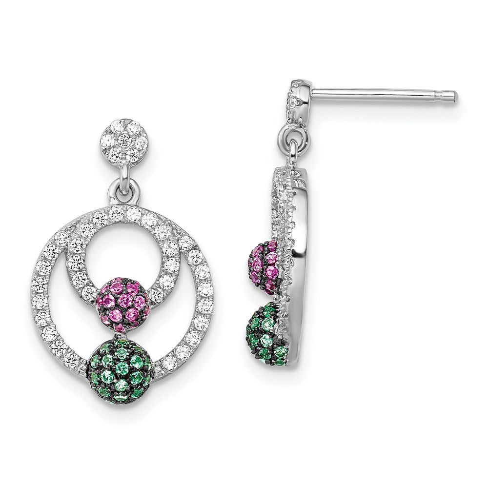 Brilliant Embers Sterling Silver Rhodium-plated 152 Stone Multi Micro Pav√á Green Red and White CZ Circle Dangle Post Earrings