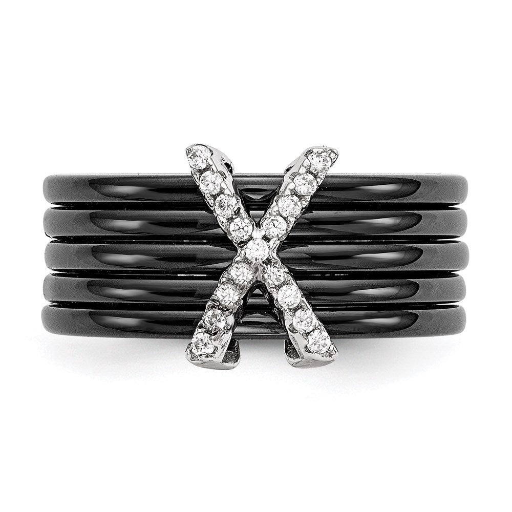 Brilliant Embers Sterling Silver Rhodium-plated 17 Stone Micro Pav√á CZ X Ceramic Ring