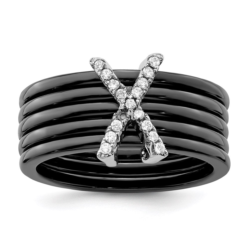 Brilliant Embers Sterling Silver Rhodium-plated 17 Stone Micro Pav√á CZ X Ceramic Ring