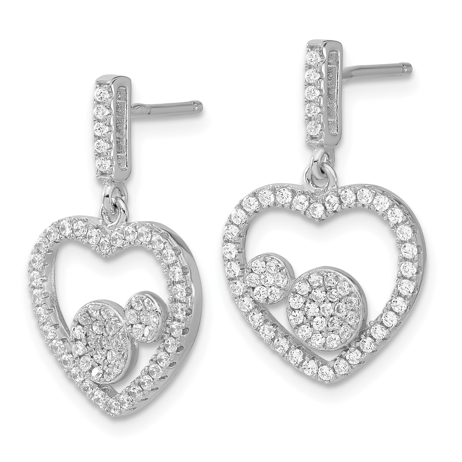 Sterling Silver Brilliant Embers Polished CZ Heart Dangle Post Earrings