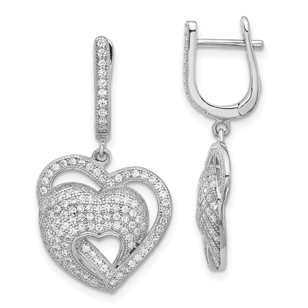 Sterling Silver Brilliant Embers CZ Hearts Hinged Post Dangle Earrings