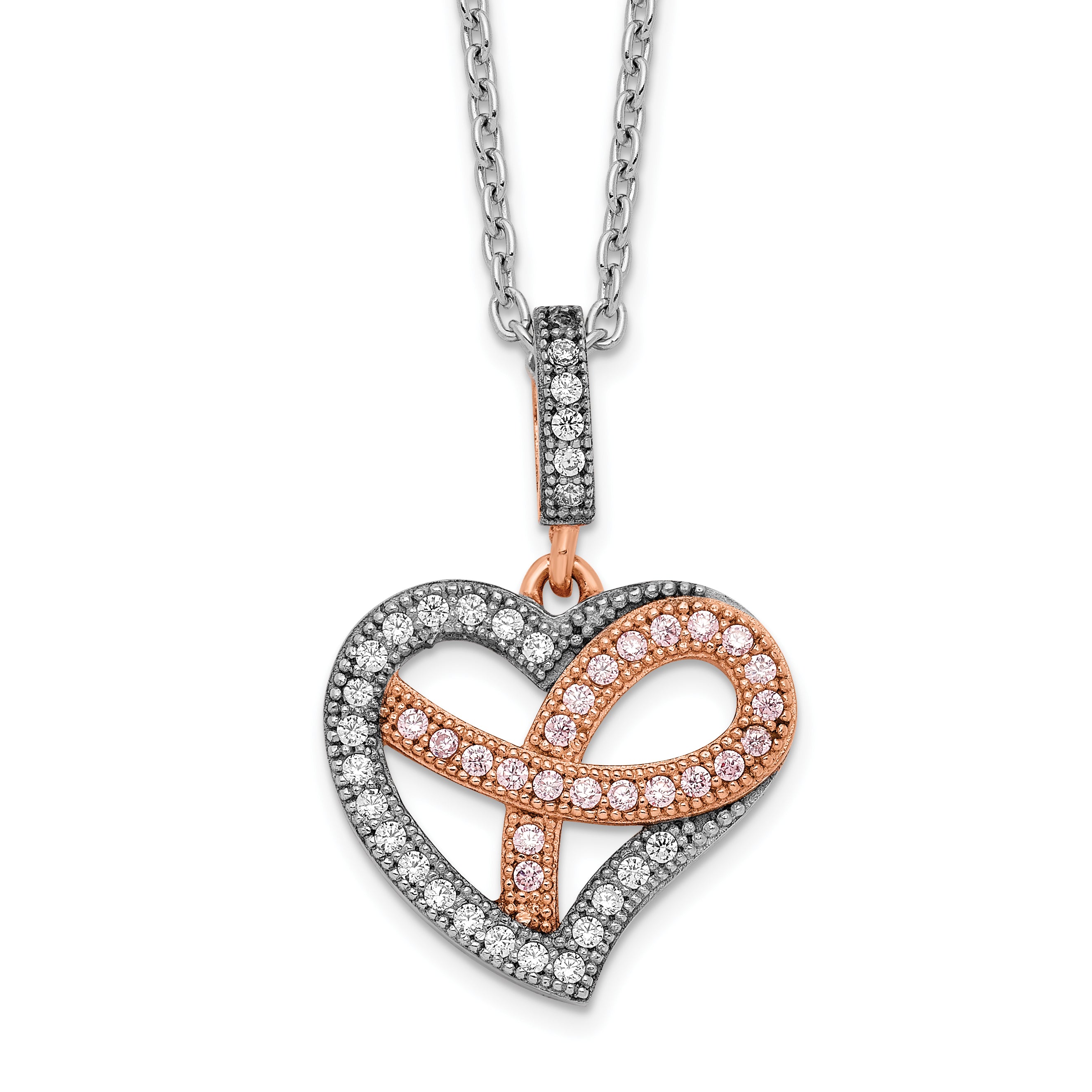 Brilliant Embers Sterling Silver Rose Gold-plated Rhodium-plated 49 Stone 18 inch Micro PavÇ CZ Polished Heart Necklace with 2 Inch Extender