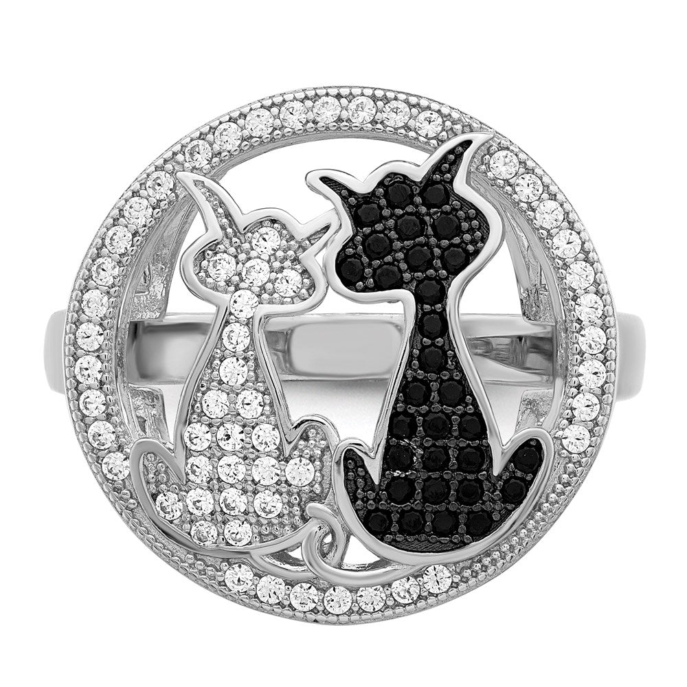 Brilliant Embers Sterling Silver Rhodium-plated 87 Stone Micro PavÇ Black and White CZ Polished Cat Ring