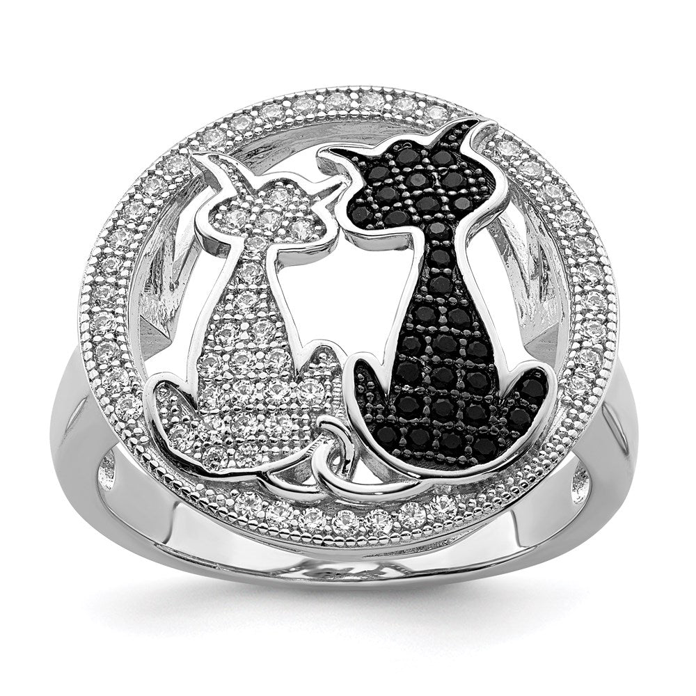 Brilliant Embers Sterling Silver Rhodium-plated 87 Stone Micro Pav√á Black and White CZ Polished Cat Ring