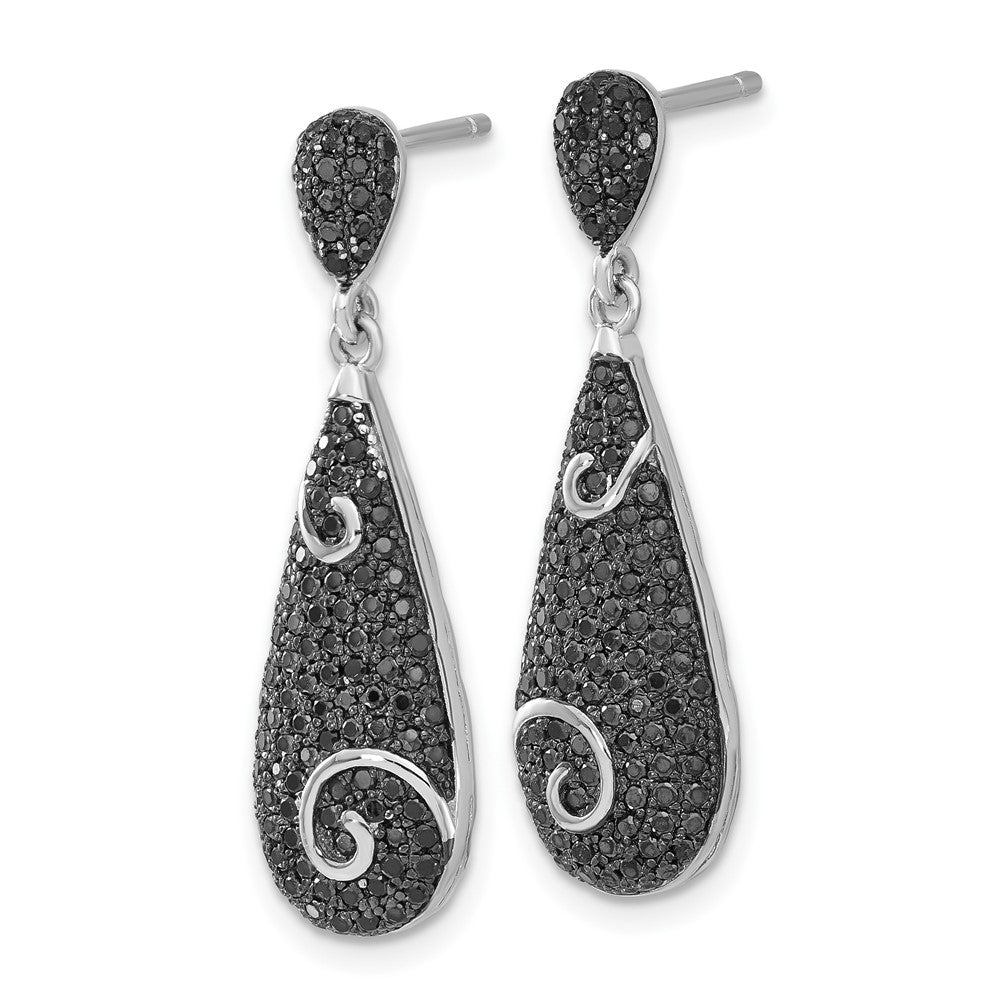 True Fire Sterling Silver Swirl Accent Black CZ Teardrop Post Dangle Earrings