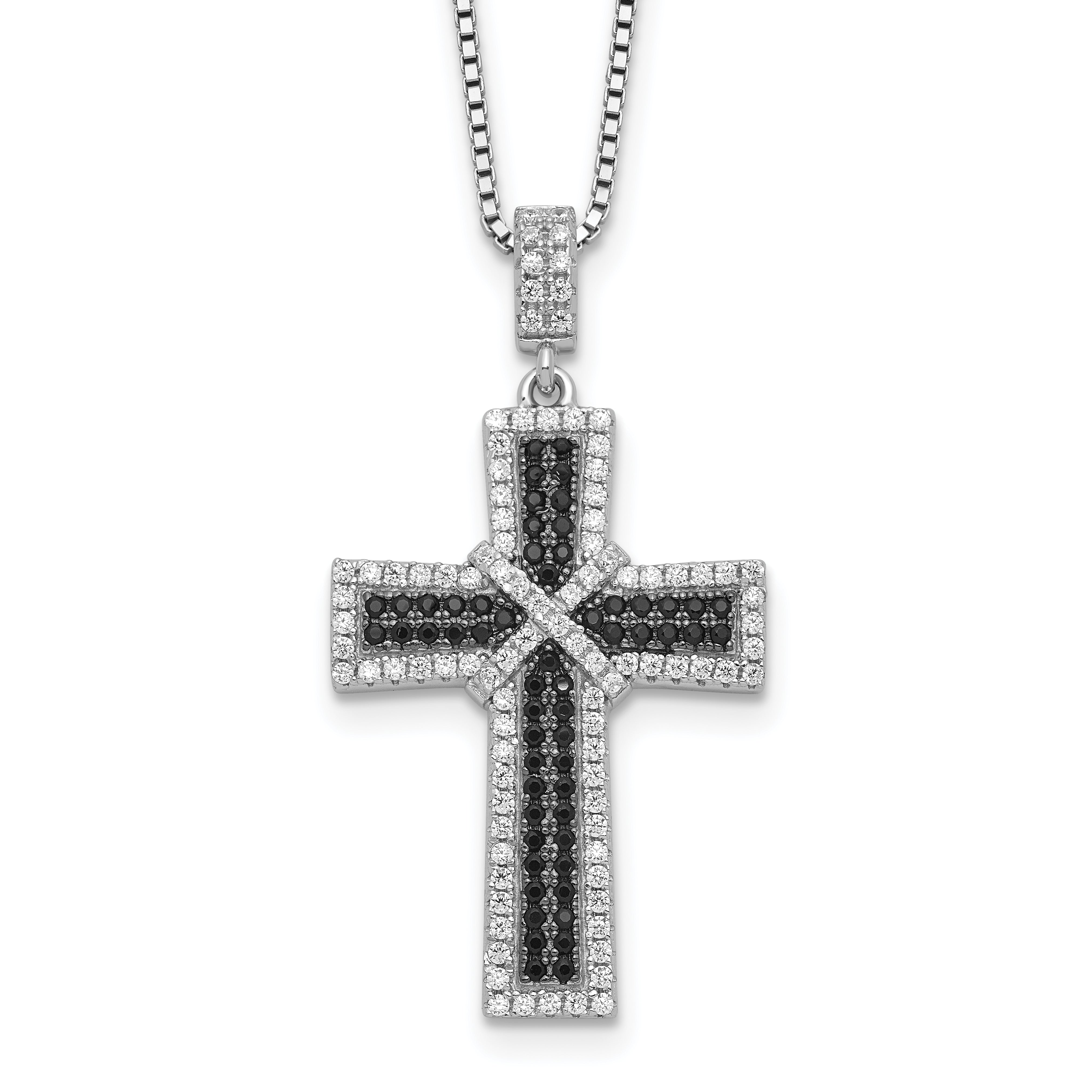Brilliant Embers Sterling Silver Rhodium-plated 156 Stone 18 inch Black and White Micro PavÇ CZ Polished Cross Necklace with 2 Inch Extender