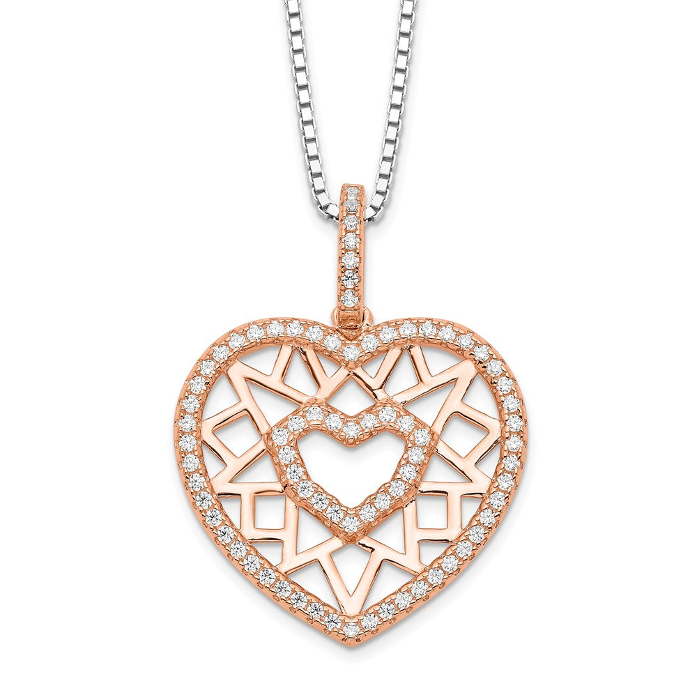 Brilliant Embers Sterling Silver Rose-tone Flash Rose Gold-plated 77 Stone 18 inch Micro PavÇ CZ Heart Necklace with 2 Inc...