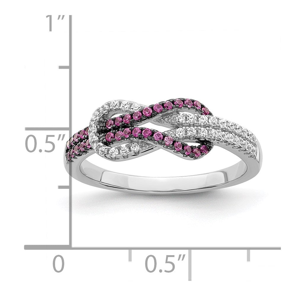 Brilliant Embers Sterling Silver Rhodium-plated 64 Stone Micro PavÇ Red and White CZ Love Knot Ring