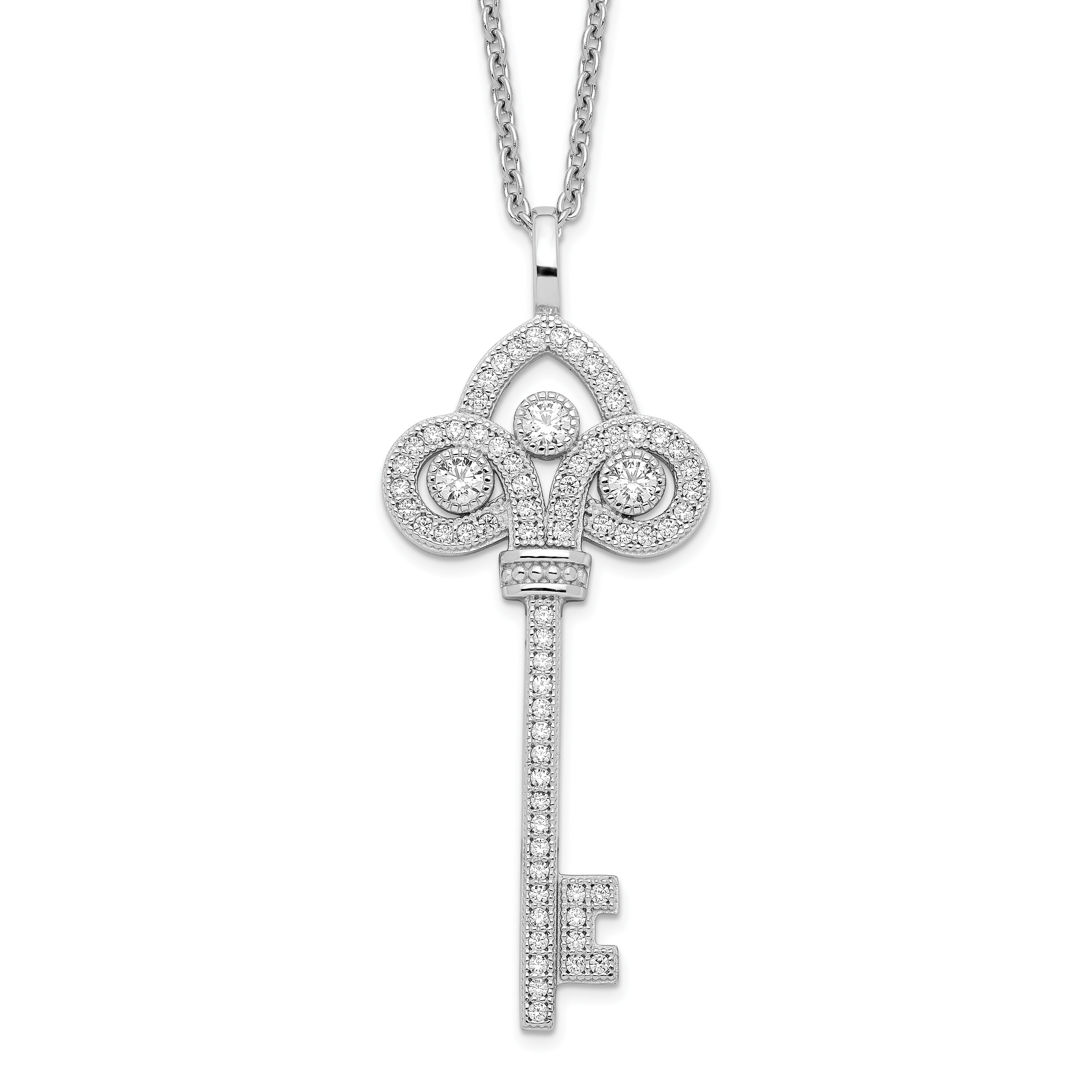 Brilliant Embers Sterling Silver Rhodium-plated 69 Stone 18 inch Micro PavÇ CZ Polished Key Necklace with 2 Inch Extender