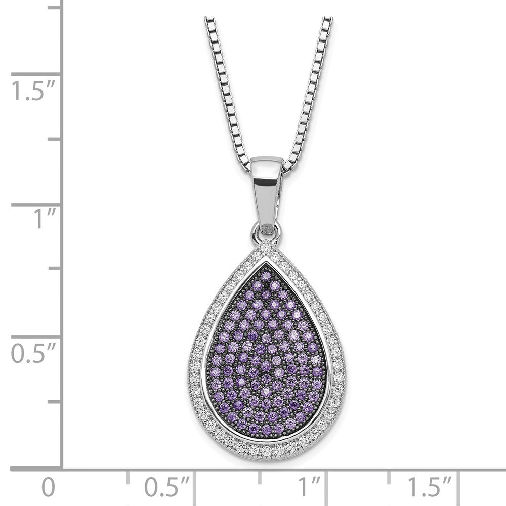 Sterling Silver Rhod-Plated Purple & Clear CZ Teardrop Necklace