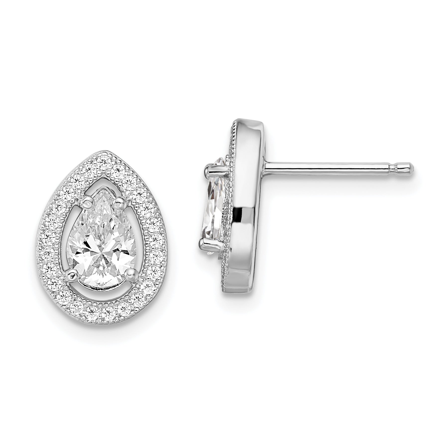 Brilliant Embers Sterling Silver Rhodium-plated 52 Stone Pear Halo Micro PavÇ CZ Teardrop Post Earrings