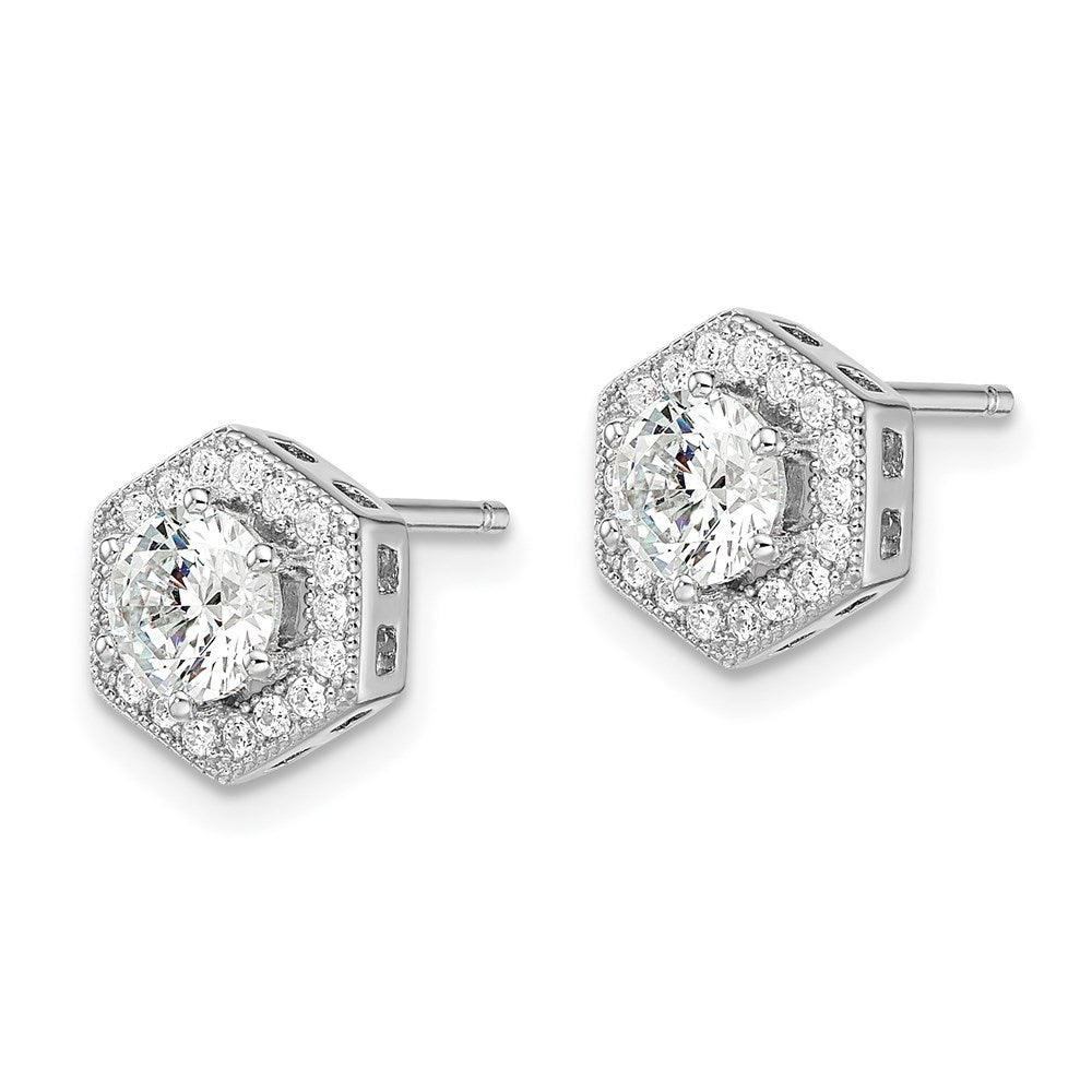 Brilliant Embers Sterling Silver Rhodium-plated 38 stone Micro PavÇ CZ Halo Hexagon Post Earrings