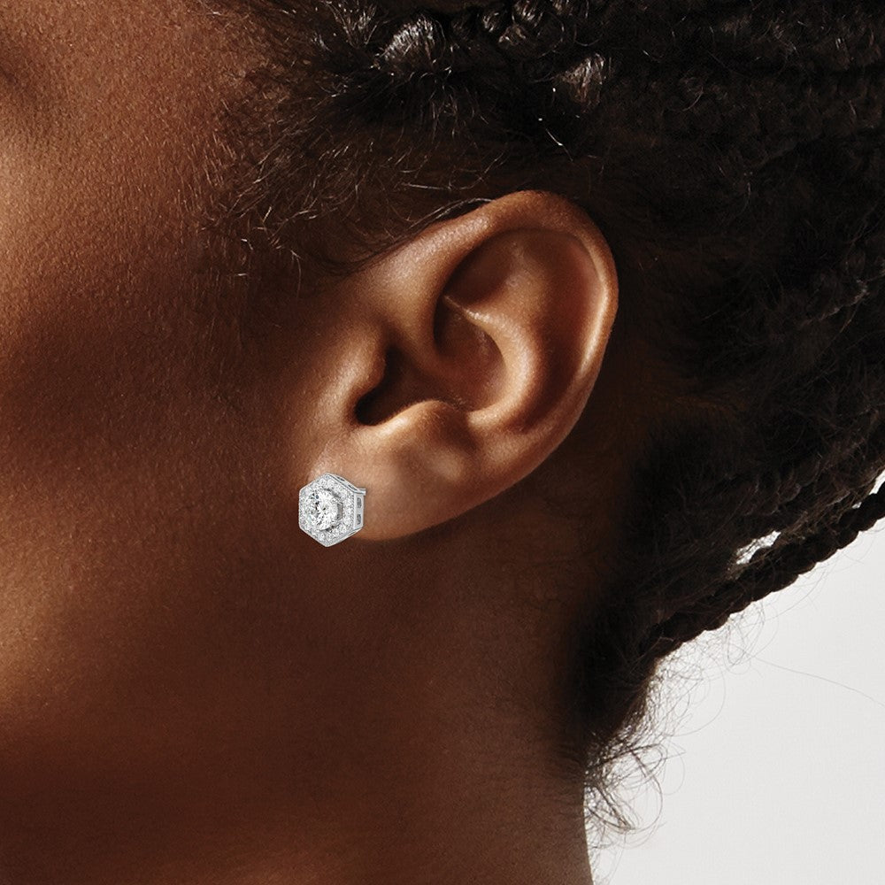 Brilliant Embers Sterling Silver Rhodium-plated 38 stone Micro PavÇ CZ Halo Hexagon Post Earrings