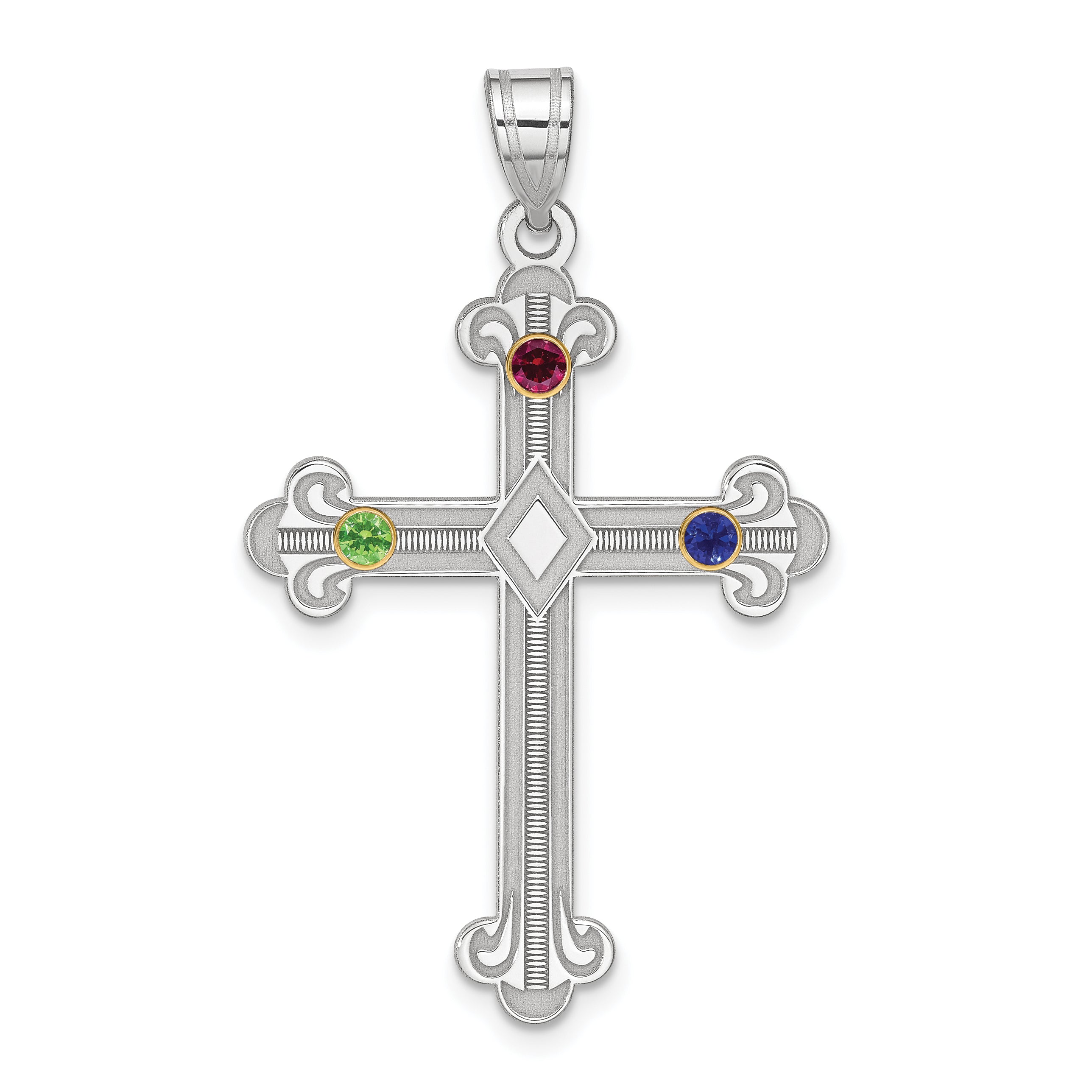 Sterling Silver Rh-plt/14k Bezel Crystal Family Cross Pendant