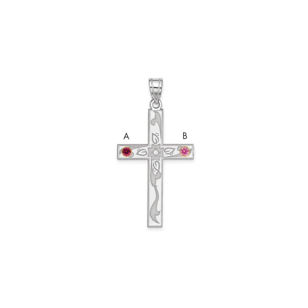 Sterling Silver Rh-plt/14k Bezel Crystal Family Cross Pendant