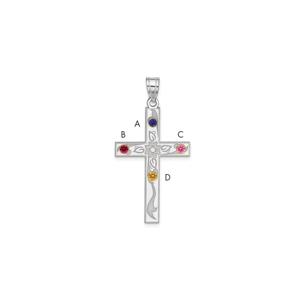 Sterling Silver Rh-plt/14k Bezel Crystal Family Cross Pendant
