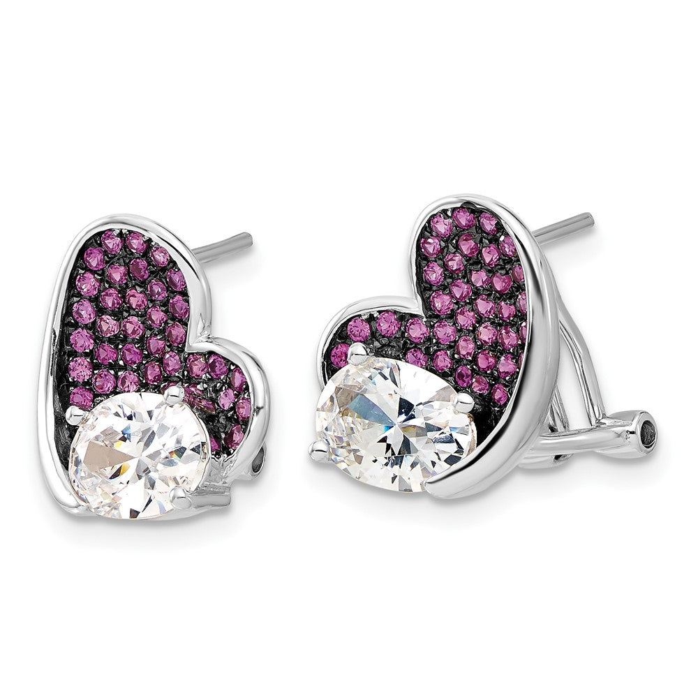 Sterling Silver w/ Black Rhodium Pink & Clear CZ Heart Omega Post Earrings