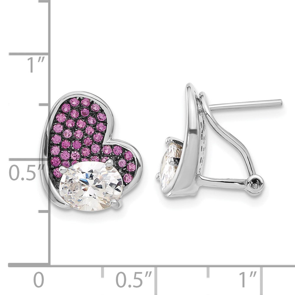 Sterling Silver w/ Black Rhodium Pink & Clear CZ Heart Omega Post Earrings