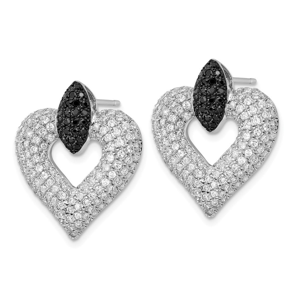 Sterling Silver Black & Clear CZ Brilliant Embers Heart Post Earrings