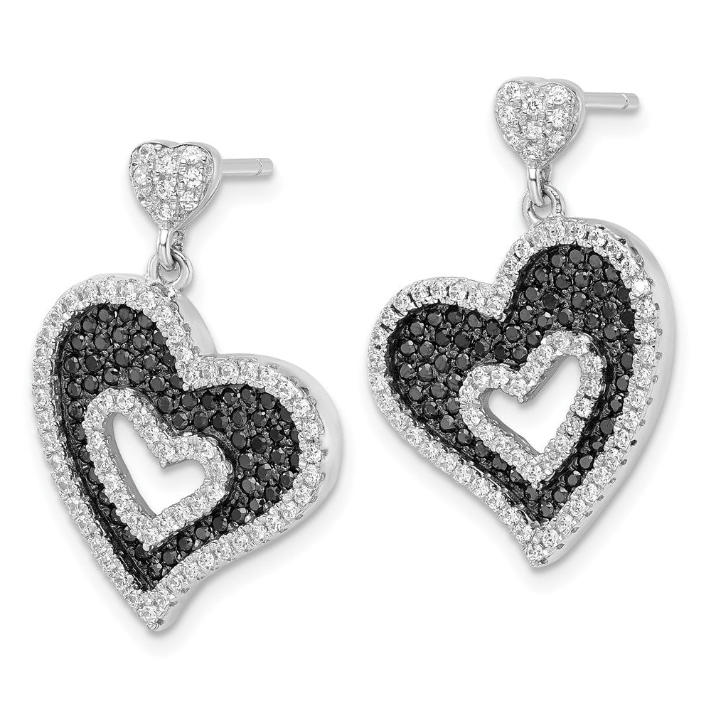 Sterling Silver Black & Clear CZ Brilliant Embers Heart Dangle Earrings