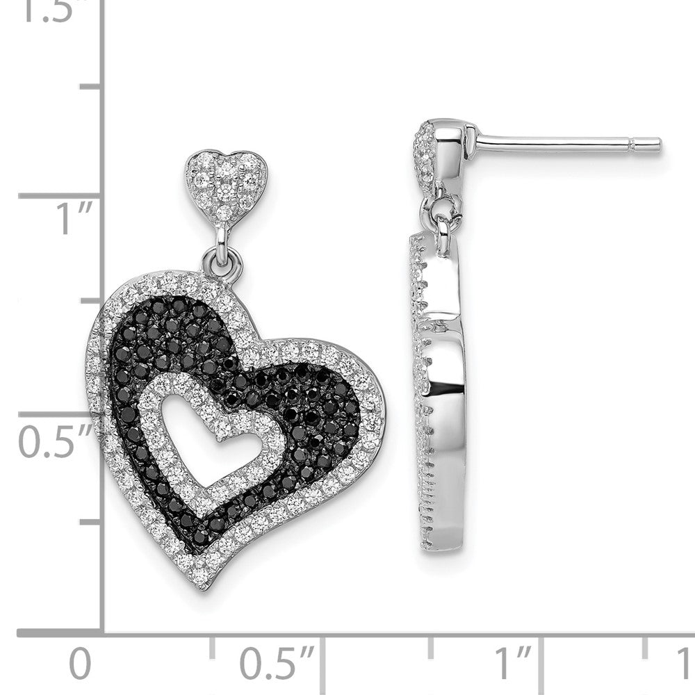 Sterling Silver Black & Clear CZ Brilliant Embers Heart Dangle Earrings