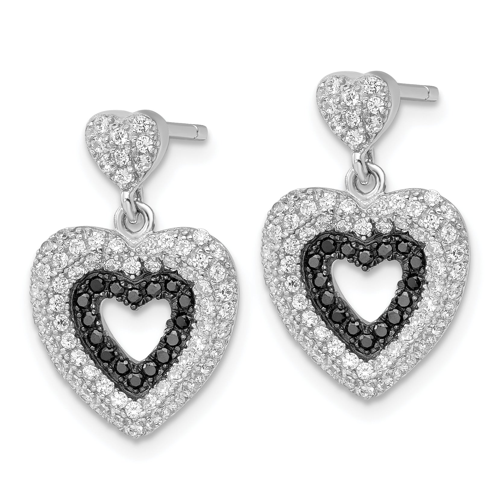 True Fire Sterling Silver Black & White CZ Heart Dangle Post Earrings